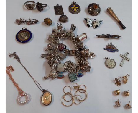 A quantity of vintage silver items of costume jewellery to include a charm bracelet, 9ct gold earrings (total weight 2.7g) go