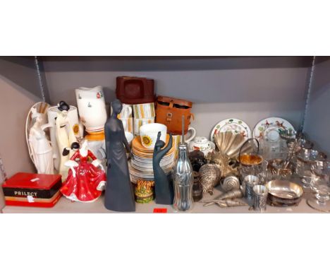 Crown Staffordshire Hinting scene, ceramics together with three pairs of vintage binoculars, figures to include Royal Doulton