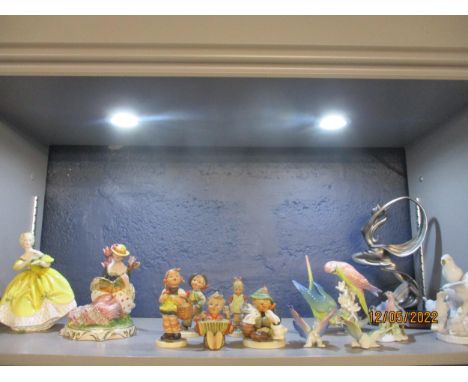 A group of figurines and animal models to include Karl Ens budgerigars and two butterfly models Royal Doulton The Last Waltz 