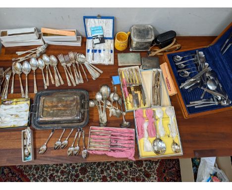 Silver plate, cutlery and flatware, stainless steel canteen, a Coronation mug, a Beirette camera, an entrée dish, a biscuit b