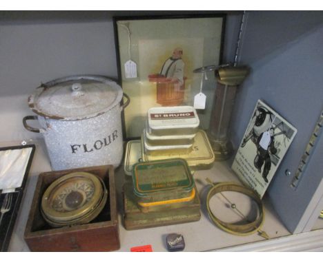 A mixed lot to include a wooden cased Wilson, London compass, enamelled flour bin, miners lamp, various tins and other itemsL