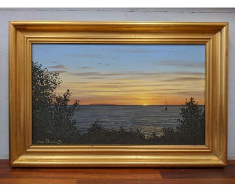 John Palmer - seascape at sunset with a sailing boat, oil on canvas, signed, 30cm x 51cm, framedLocation: 