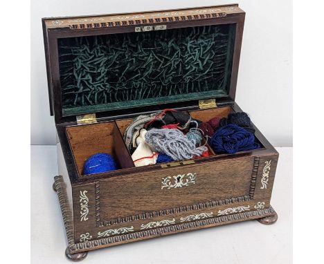 A 19th century rosewood, mother of pearl inlaid sewing box on four feet, (no key), Location: 11:3 