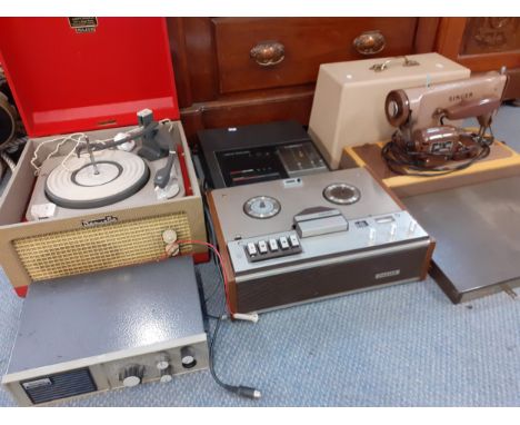 A Dansette Major vintage record player, a Seavoice Seafarer Range receiver, a Philips 4307 tape to tape, a car radio, a mid 2