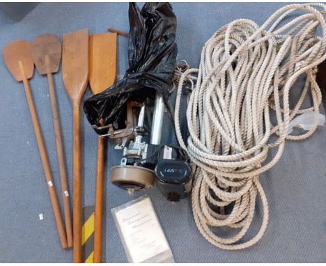 A British Seagull boat engine with handbook, four wooden paddles, a quantity of marine rope and other itemsLocation: G 