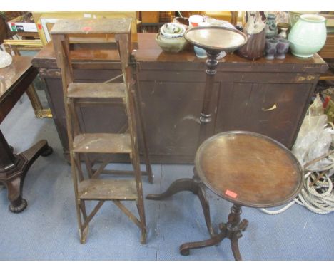 A vintage pine wooden folding step ladder, an early 20th pedestal plant stand, and a mahogany pedestal wine tableLocation: LA