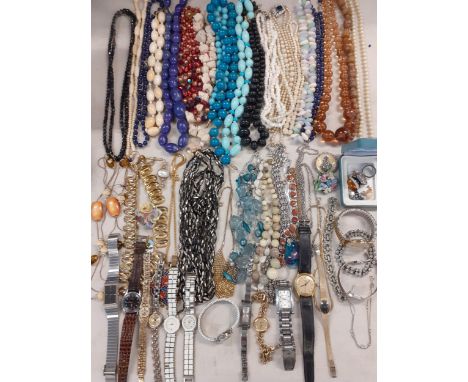 Vintage costume jewellery to include a silver ring, a silver chain, bead necklaces and mixed gents and ladies fashion watches