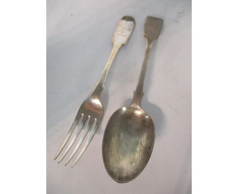 A silver spoon and fork, the fork hallmarked London 1868, 105.5gLocation: 
