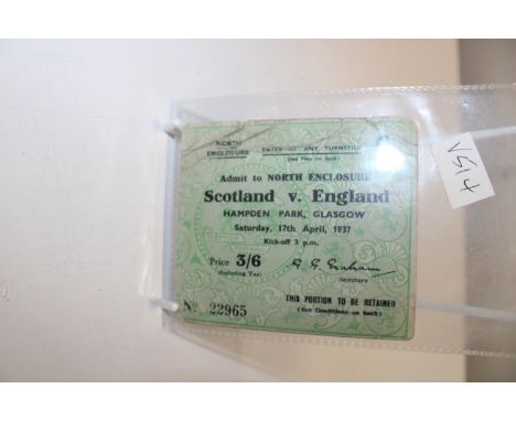 A 1937 Scotland V England ticket stub. 