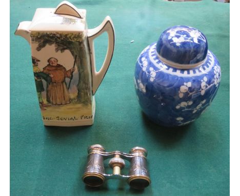 ROYAL DOULTON ROBIN HOOD COFFEE JUG, PRUNUS PATTERN GINGER JAR AND PAIR OF VINTAGE OPERA GLASSES 