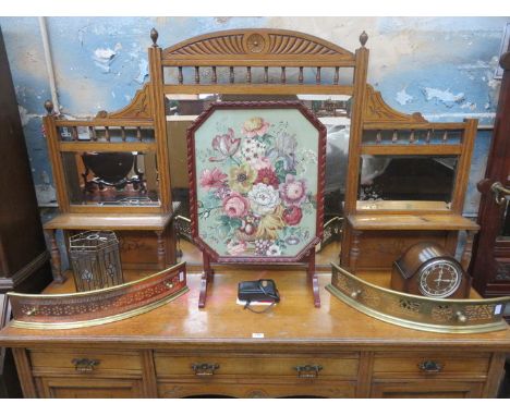 SUNDRY LOT INCLUDING FIRE SCREEN, TWO FIRE KERBS, GLASS LIGHT FITTING AND MANTEL CLOCK 