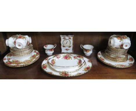 PARCEL OF ROYAL ALBERT OLD COUNTRY ROSES DINNERWARE, APPROXIMATELY THIRTY-PLUS PIECES (SOME SECONDS) PLUS MANTEL CLOCK