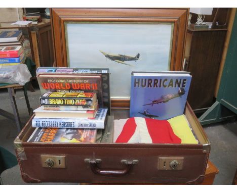 VINTAGE SUITCASE CONTAINING MILITARY RELATED VOLUMES, UNION JACK FLAG AND SPITFIRE PRINT, ETC. 