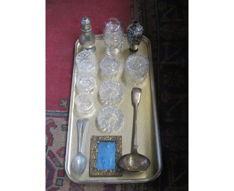 SINGLE CLOISONNE VASE, PLATED LADLE, SUGAR SHAKER, PICTURE FRAME AND GLASSWARE 