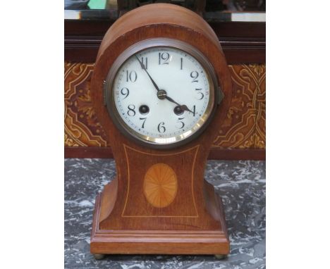 SHELL INLAID MAHOGANY BRACKET STYLE CLOCK WITH ENAMELLED DIAL, APPROXIMATELY 30cm HIGH