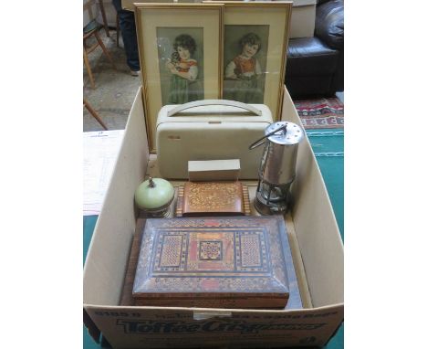 SUNDRY LOT INCLUDING GRUNDIG TAPE RECORDER, INLAID STORAGE BOXES, PAIR OF PRINTS, MINER'S LAMP AND CANTEEN OF CUTLERY, ETC. 