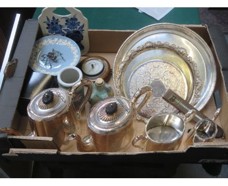 SUNDRY LOT INCLUDING SILVER PLATED FOUR PIECE TEA SET, BAROMETER, CERAMICS PLUS OTHER SUNDRIES 