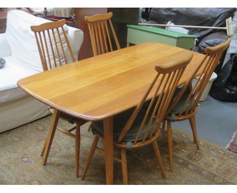 ERCOL 'LIGHT' FINISH PLANK DINING TABLE WITH FOUR ERCOL GOLDSMITH CHAIRS 