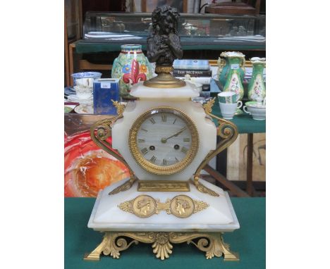 GILT METAL AND MARBLE MANTEL CLOCK WITH CAST METAL FIGURE TO TOP, APPROXIMATELY 44cm HIGH