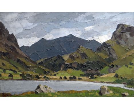 SIR KYFFIN WILLIAMS RA oil on canvas - expansive mountainous landscape with lake in the foreground, entitled verso 'Snowdon f