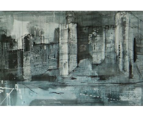 JOHN PIPER framed coloured print - architectural study of Caernarfon Castle, 33 x 49cms