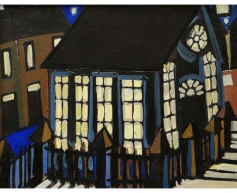 KARL DAVIES oil on canvas - chapel at night with the glow of light through windows, signed verso, 40 x 49cms