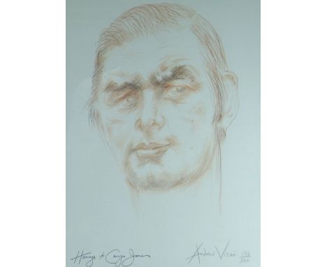 ANDREW VICARI coloured limited edition (154/500) print - portrait of Carwyn James, signed & entitled 'Homage to Carwyn James'