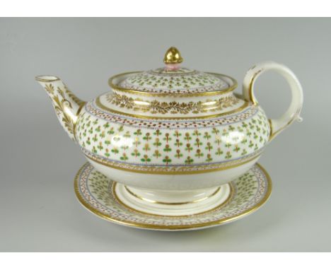 A RARE NANTGARW PORCELAIN ROUND TEAPOT & STAND the teapot of bellied form with ear-shaped handle, decorated with gilding and 