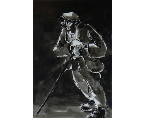 SIR KYFFIN WILLIAMS RA ink wash - exhibition quality full size portrait of an elderly farmer leaning on his stick, entitled v