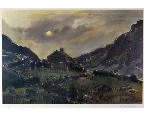 SIR KYFFIN WILLIAMS RA limited edition (17/75) coloured print - upland farmhouse & dry stone walls in Snowdonia in sunset, 35
