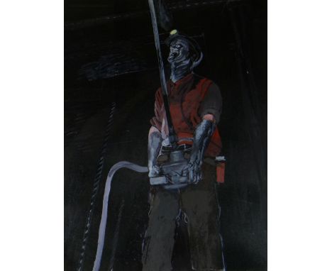 JACK CRABTREE mixed media - figure of a colliery worker underground with lamp, entitled verso 'Inserting Roof Bolt at Brynlli