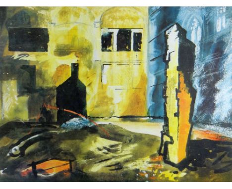 JOHN PIPER coloured print - illustration from the Gregynog Press 'Deaths & Entrances' by Dylan Thomas, unsigned, 35 x 46cms