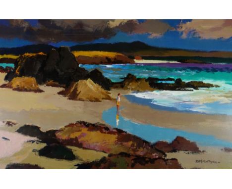DONALD McINTYRE acrylic - fine example with single figure looking out to sea from a cove, entitled verso 'Light on the Sea, I