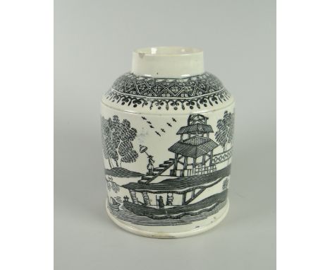 A SWANSEA POTTERY TEA-CADDY of cylindrical form with narrow neck, printed with Chinoiserie transfer, 10cms high Condition Rep
