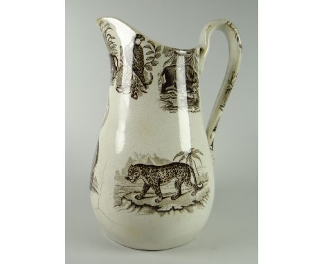 A RARE LLANELLY POTTERY TRANSFER PRINTED ZOOLOGICAL JUG depicting a titled ostrich inside the spout and with hare, stork, lio