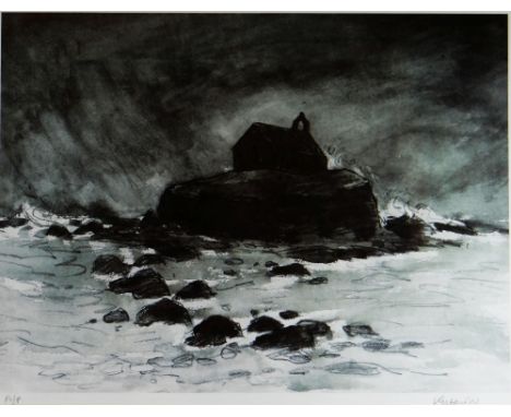 SIR KYFFIN WILLIAMS RA artist proof coloured print - of St Cwyfan's church, Aberffraw, Anglesey under a dramatic storm, signe