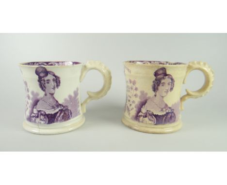 A PAIR OF SWANSEA POTTERY PURPLE TRANSFER PRINTED COMMEMORATIVE MUGS for the crowning of Queen Victoria with her portrait, da