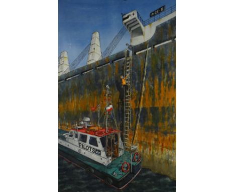 GRAHAM BROOKS watercolour - maritime scene with figure climbing ladder to board ship from pilot boat, entitled 'Putting Pilot