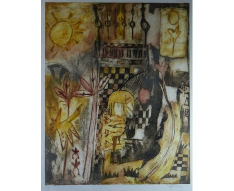 RACHEL HOLLOWAY limited edition (2/3) coloured print - semi-abstract with animals, signed and dated 1989, 68 x 55cms