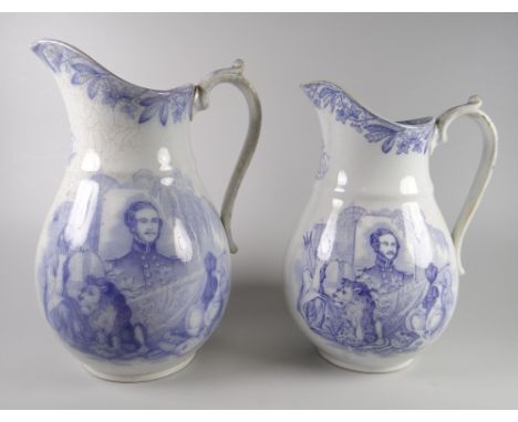 A PAIR OF LLANELLY POTTERY PURPLE TRANSFER COMMEMORATIVE JUGS with sides printed pictorial representations for the mourning o