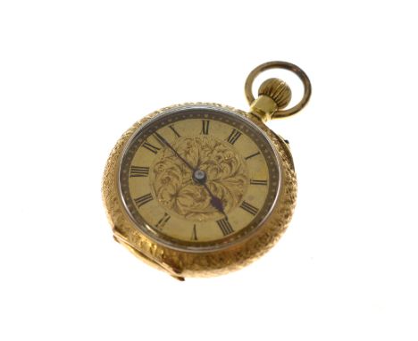 A continental top-wind fob watch stamped 18k, decorated enamel case back (minor damage to enamel), with metal dust case, non-