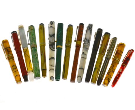 Fifteen various vintage fountain pens, including marbled, non with gold nibs