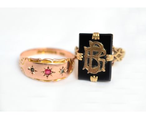 An Edwardian 9ct ruby set ring, H/M Birmingham 1907, size S, together with a mourning ring, size N, approx gross weight 6.8gm