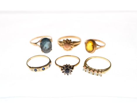 A quantity of six 9ct H/M rings to include opal, citrine, sapphire etc, sizes range from M-S, approx gross weight 17gms