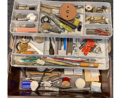 A watchmakers lifetime collection of parts &amp; tools to include wrist/pocket watch replacement glass, balance staff, wheels
