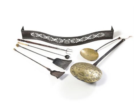 A COLLECTION OF DOMESTIC FIRE TOOLS AND FIRESIDE IMPLEMENTS  MOSTLY 18TH AND 19TH CENTURY  Including various fire tools, a cr