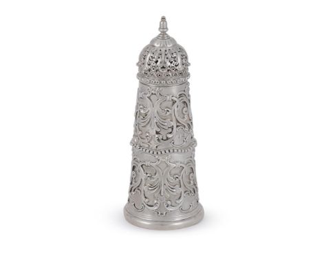 A VICTORIAN SILVER LIGHTHOUSE CASTER HENRY WILKINSON & CO., SHEFFIELD 1846 With a bell shaped finial to the pierced and domed