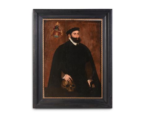 GERMAN SCHOOL (16TH CENTURY)  PORTRAIT OF A GENTLEMAN HOLDING A SKULL Oil on panel Inscribed and dated 'aged 39 1556' (upper 