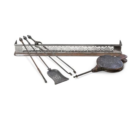 A SET OF THREE STEEL FIRE TOOLS 19TH CENTURY  Poker 71cm long Together with an unusual pair of brass studded pine bellows  po