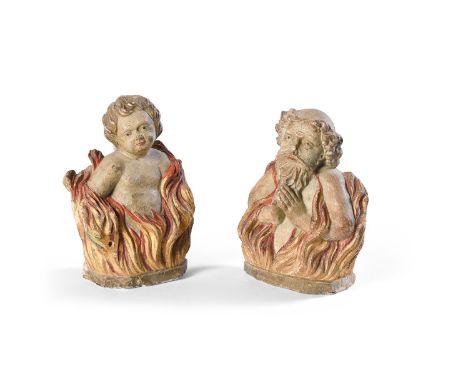 A PAIR OF FRENCH CARVED LIMESTONE AND POLYCHROME DECORATED BIBLICAL FIGURES OF 'TWO SOULS IN PURGATORY'  16TH/17TH CENTURY  E